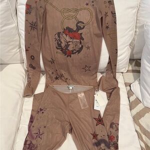 Guess Women's Tan Tattoo Design Pajama Set